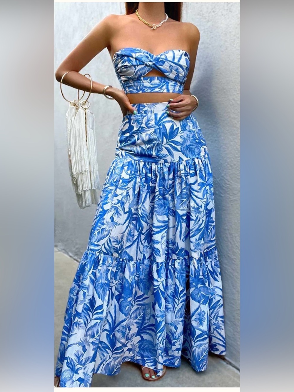 Runaway The Label Moscato Blue Palms Strapless Twist Bandeau Crop Top XS NWT